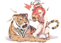 1girl absurdres all_fours alternate_costume animal animal_costume animal_ears animal_hands animal_print bare_arms bare_legs bare_shoulders bikini blue_archive blush breasts fake_animal_ears feca gloves highres looking_at_another looking_at_viewer neru_(blue_archive) open_mouth paw_gloves print_bikini red_eyes red_hair short_hair simple_background small_breasts strapless strapless_bikini surprised swimsuit tail tiger tiger_costume tiger_ears tiger_girl tiger_print tiger_tail white_background rating:Sensitive score:14 user:danbooru
