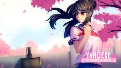  1girl autumn ayano_aishi bakki black_hair brown_eyes copyright_name dutch_angle highres incinerator knife leaf lips long_hair outdoors parted_lips ponytail school_uniform serafuku skirt solo solo_focus tree yandere_simulator  rating:Questionable score:3 user:JohnSmith909-2