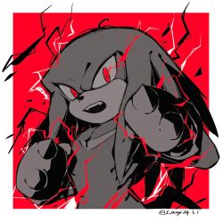  1boy alternate_eye_color animal_nose artist_name border clenched_hands commentary dated electricity fang fangs furry furry_male gloves hands_up highres knuckles_the_echidna lazy_kun looking_at_viewer male_focus open_mouth outside_border partially_colored red_background red_eyes simple_background solo sonic_(series) spiked_gloves standing symbol-only_commentary tail teeth upper_body white_border 