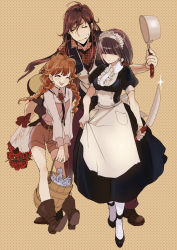  1boy 2girls apron bouquet father_and_daughter fish flower isi88 jobo_(isi88) knife lina&#039;s_father lina_inverse long_hair luna_inverse maid maid_apron maid_headdress multiple_girls purple_hair red_hair saucepan short_hair siblings sisters slayers 