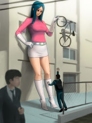  1girl 2boys bicycle boots brown_eyes enkaboots giant giantess gloves green_hair height_difference high_heel_boots high_heels long_hair miniskirt multiple_boys skirt white_footwear  rating:Sensitive score:52 user:twilight_jester