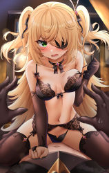 1boy 1girl absurdres aether_(genshin_impact) alternate_costume angry bare_shoulders black_bra black_choker black_gloves black_panties black_ribbon black_thighhighs blonde_hair blush bow bra breast_lift breasts breasts_apart bridal_gauntlets brown_thighhighs choker collarbone commentary detached_sleeves eyepatch fischl_(genshin_impact) frown garter_belt garter_straps gem genshin_impact girl_on_top gloves green_eyes hair_ornament hair_ribbon hand_up highres holding indoors lace lace-trimmed_bra lace_trim lingerie long_hair long_sleeves looking_at_viewer lower_teeth_only medium_breasts navel open_mouth panties panties_over_garter_belt pov ribbon single_glove sitting solo_focus stomach straddling sunhyun teeth thighhighs thighs two_side_up underwear underwear_only v-shaped_eyebrows very_long_hair window rating:Sensitive score:366 user:danbooru