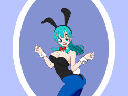  1girl animal_costume aqua_hair artist_request ass bare_arms bare_shoulders black_leotard blue_eyes blue_hair blue_leotard bow bowtie breasts bulma cleavage detached_collar dragon_ball dragon_ball_(classic) hands_up happy highres large_breasts leotard light_blue_hair long_hair looking_at_viewer open_mouth pantyhose playboy_bunny rabbit_ears red_bow red_bowtie simple_background smile standing strapless strapless_leotard wrist_cuffs  rating:Questionable score:15 user:tinod
