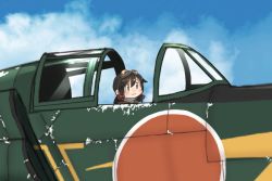  10s :3 aircraft airplane bad_id bad_twitter_id blue_sky brown_hair close-up cloud cockpit commentary_request day fairy_(kancolle) goggles goggles_on_head hair_between_eyes hair_ornament j7w_shinden kantai_collection kitsuneno_denpachi kyushu_j7w open_cockpit scarf shinden_(kancolle) sidelocks sitting sky smile vehicle_focus 