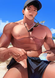  1boy abs artist_request bara beach black_hair black_male_swimwear blue_sky character_request copyright_request drawstring highres male_focus male_swimwear male_swimwear_pull muscular muscular_male nipples outdoors pectorals pectorals pulling_own_clothes sand sky solo spread_legs sunglasses_removed swim_trunks swim_trunks_pull swimsuit tagme thighs  rating:Sensitive score:10 user:GayTsundere