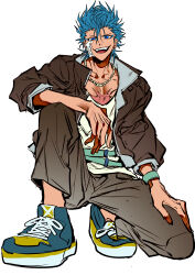  1boy absurdres arm_on_knee arrancar belt bleach blue_eyes blue_hair blue_wristband broken_mask brown_jacket brown_pants collarbone earrings full_body grimmjow_jaegerjaquez hand_on_own_knee highres jacket jewelry long_sleeves looking_at_viewer male_focus mask multiple_belts necklace open_clothes open_jacket pants scar scar_on_chest shirt shoes smile sneakers solo squatting teeth upper_teeth_only white_background white_shirt xi_luo_an_ya 
