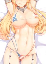 1girl :p abs american_flag_bikini american_flag_print american_flag_swimsuit armpits arms_up bed_sheet bikini blonde_hair blush breasts cameltoe choker closed_mouth elbow_gloves flag_print garter_straps gloves gluteal_fold hair_over_shoulder iowa_(kancolle) kantai_collection large_breasts long_hair looking_at_viewer lying navel nipples on_back osterei print_bikini shiny_skin smile solo stomach swimsuit tongue tongue_out rating:Questionable score:36 user:danbooru