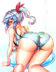  1girl all_fours ass bare_shoulders barefoot blue_hair blush cameltoe from_behind hair_ribbon highres huge_ass long_hair looking_back one-piece_swimsuit original ponytail ribbon shiny_clothes shiny_skin slit_pupils solo swimsuit tem10 yellow_eyes  rating:Questionable score:39 user:armorcrystal