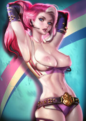 1girl adjusting_hair armpits arms_behind_head arms_up belt blue_eyes blush breasts breasts_out cowboy_shot crop_top detached_sleeves female_focus headset huge_breasts lips long_hair looking_at_viewer midriff multicolored_hair navel nipples original pink_hair sakimichan signature solo sweat thighhighs two-tone_hair white_hair zettai_ryouiki rating:Questionable score:81 user:danbooru