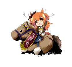  1girl :d animal_ears arm_up black_ribbon black_thighhighs boots bow brown_eyes brown_footwear brown_hair brown_jacket chibi commentary_request crop_top dog_tags ear_ribbon fringe_trim horse horse_ears horse_girl horse_tail jacket long_hair mayano_top_gun_(umamusume) midriff mister_(black_and_white) navel open_clothes open_jacket open_mouth ribbon shirt short_shorts shorts simple_background smile solo tail thighhighs thighhighs_under_boots translation_request two_side_up umamusume very_long_hair white_background white_shirt white_shorts 