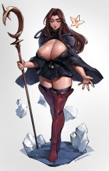  1boy 1girl alternate_breast_size boots breasts brown_hair cape cleavage curvy dress closed_eyes hair_intakes highres huge_breasts lips long_hair red_footwear sherri_phoraena short_dress simple_background staff standing tactics_ogre thick_thighs thigh_boots thighhighs thighs white_background zako_(arvinry)  rating:Questionable score:63 user:animeboy12