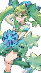  1girl asatte_3z breasts cheerleader closed_mouth creatures_(company) fortissimo game_freak grass_miku_(project_voltage) green_eyes green_hair green_skirt green_socks hair_between_eyes hair_ornament hatsune_miku highres holding holding_pom_poms kneehighs leg_up long_hair medium_breasts musical_note musical_note_hair_ornament nintendo pokemon pom_pom_(cheerleading) pom_poms project_voltage shoes simple_background skirt smile socks solo split_mouth striped_clothes striped_skirt twintails vertical-striped_clothes vertical-striped_skirt very_long_hair vocaloid white_background white_footwear x_hair_ornament 