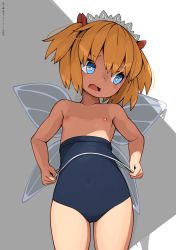  1girl blue_eyes blue_one-piece_swimsuit breasts brown_hair clothes_pull covered_navel fairy fairy_wings huxiao_(mistlakefront) loli nipples off_shoulder one-piece_swimsuit one-piece_swimsuit_pull open_mouth pulled_by_self ribbon school_swimsuit short_hair small_breasts solo sunny_milk swimsuit thighs touhou two_side_up wings  rating:Questionable score:136 user:danbooru