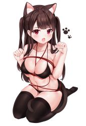 1girl :o absurdres animal_ear_fluff animal_ears bad_id bad_twitter_id bare_arms bare_shoulders bdsm bikini black_bikini black_thighhighs blush bondage bound breasts brown_hair cat_ears cat_girl cat_tail cleavage collarbone covered_erect_nipples extra_ears fang full_body halterneck hands_up highres large_breasts long_hair looking_at_viewer navel no_shoes open_mouth original paw_pose red_eyes reel_(riru) restrained rope seiza shibari sidelocks simple_background sitting skindentation solo stomach string_bikini swimsuit tail thighhighs thighs two_side_up white_background rating:Sensitive score:61 user:danbooru