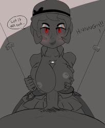  1girl breasts filia_(skullgirls) greyscale hat highres huge_breasts licking_lips monochrome orgasm paizuri pov red_eyes room skullgirls smirk speech_bubble tagme tongue tongue_out  rating:Explicit score:26 user:Serious_MOod