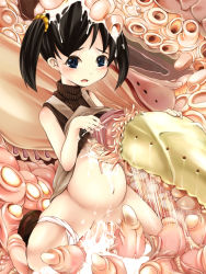 1girl black_hair blush bosshi censored cum cum_in_pussy cum_on_body cum_on_clothes cum_on_hair cum_on_lower_body cum_on_upper_body flat_chest loli mosaic_censoring navel open_mouth panties panties_around_leg pregnant pussy rape solo spread_legs tears tentacle_pit tentacles twintails underwear white_panties  rating:Explicit score:98 user:danbooru