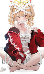  1girl absurdres bandages bare_legs bare_shoulders barefoot blonde_hair blue_archive breasts brown_eyes budget_sarashi clenched_teeth commentary_request hair_ribbon halo highres indian_style jacket long_hair long_sleeves looking_to_the_side mouth_hold navel off_shoulder pjkka red_jacket ribbon sarashi sitting small_breasts solo tears teeth twintails undone_sarashi yellow_halo yoshimi_(blue_archive) 