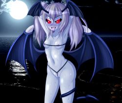  1girl :d absurdres aged_down armpits arms_behind_head arms_up bare_arms bare_shoulders bat_wings beach bikini black_bikini black_sclera blush breasts cameltoe cloud colored_sclera cowboy_shot cropped_legs demon_girl demon_tail demon_wings devil_(monster_girl_encyclopedia) ecstasy_(icyblue) fang female_focus full_moon grey_hair hair_between_eyes head_wings highres horizon loli long_hair looking_at_viewer micro_bikini monster_girl monster_girl_encyclopedia monster_girl_encyclopedia_ii moon naughty_face navel night night_sky nipples ocean open_mouth pointy_ears red_eyes sky slit_pupils small_breasts smile solo stomach string_bikini sweat swimsuit tail teeth thighs tongue tongue_out twintails water wide_hips wings  rating:Questionable score:32 user:SexyHawtIrresistibleLovelyLadies
