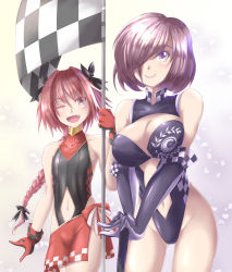  1boy 1girl androgynous astolfo_(fate) braid breasts checkered_flag cleavage clothing_cutout crossdressing fang fate/grand_order fate_(series) flag gloves groin hair_over_one_eye highleg highleg_leotard highleg_swimsuit highres large_breasts leotard lolita_majin long_hair mash_kyrielight navel navel_cutout one_eye_closed open_mouth pink_eyes pink_hair purple_eyes race_queen short_hair single_braid smile swimsuit thighhighs trap  rating:Sensitive score:12 user:LM3939