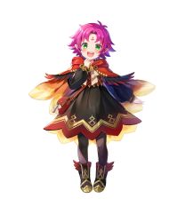  1girl alternate_costume black_dress boots capelet child dress facial_mark fae_(fire_emblem) feather_trim fire_emblem fire_emblem:_the_binding_blade fire_emblem_heroes forehead_mark gold_trim gradient_clothes green_eyes highres long_sleeves nintendo non-web_source official_art pantyhose pointy_ears satoupote short_dress short_hair transparent_background  rating:General score:6 user:danbooru