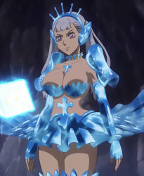  1girl armor armored_dress bikini_armor black_clover breasts cleavage collage collarbone highres impossible_clothes large_breasts noelle_silva pauldrons purple_eyes silver_hair strapless tiara twintails water weapon  rating:Questionable score:64 user:Anonstar