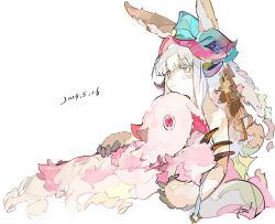  1other androgynous animal_ears blunt_bangs body_fur brown_fur claws colored_eyelashes creature dated ears_through_headwear ezu_(e104mjd) furry goggles goggles_on_head helmet holding holding_creature long_hair looking_afar made_in_abyss mitty_(made_in_abyss) nanachi_(made_in_abyss) open_mouth pink_eyes pink_fur rabbit_ears simple_background whiskers white_background white_hair 