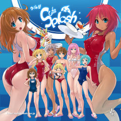  1boy 6+girls :d arena_(company) asics ass back blue_eyes blue_hair blue_one-piece_swimsuit blue_school_swimsuit blush breasts brown_hair cake cat cleavage competition_school_swimsuit competition_swimsuit covered_erect_nipples cup dark_skin food glasses grey_hair hands_on_own_hips highleg highleg_swimsuit large_breasts logo long_hair looking_at_viewer male_swimwear medium_breasts multiple_girls name_tag nyanko_batake old_school_swimsuit one-piece_swimsuit open_mouth original parfait pink_hair red_male_swimwear red_one-piece_swimsuit red_swim_briefs sandals saucer school_swimsuit short_hair small_breasts smile spill swim_briefs swimsuit tea teacup tray twintails waitress white_one-piece_swimsuit  rating:Sensitive score:22 user:danbooru