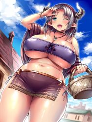  1girl aqua_eyes bare_shoulders basket blush breasts cleavage curvy elf grey_hair hairband highres horns huge_breasts jewelry looking_at_viewer navel necklace one_eye_closed open_mouth plump pointy_ears shiny_skin smile solo standing thick_thighs thighs tsukumiya_amane underboob wide_hips  rating:Questionable score:48 user:danbooru