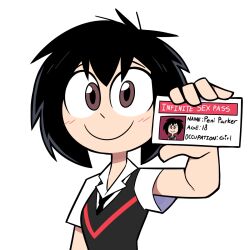 1girl arm_at_side bad_id bad_twitter_id black_hair black_necktie black_sweater_vest blush breasts brown_eyes card closed_mouth dress_shirt hair_between_eyes hand_up highres holding holding_card id_card looking_at_viewer marvel miscon necktie peni_parker school_uniform shirt short_hair short_sleeves simple_background single_horizontal_stripe small_breasts smile solo spider-man:_into_the_spider-verse spider-man_(series) spider-verse sweater_vest toon_(style) transparent_background upper_body white_shirt wide-eyed  rating:Sensitive score:69 user:danbooru
