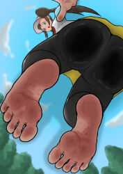 absurdres ass barefoot black_leggings blue_shirt blue_sky breasts brown_hair cameltoe cleft_of_venus creatures_(company) feet foot_focus forest from_below game_freak green_eyes hair_bun highres leggings long_sleeves medium_breasts multicolored_shirt nature nintendo open_mouth outdoors poke_ball_print pokemon pokemon_bw2 raglan_sleeves rosa_(pokemon) shirt skirt sky soles tagme twintails two-tone_shirt visor_cap white_shirt yamamoto yellow_skirt rating:Questionable score:9 user:Kronecker