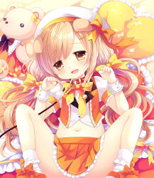  1girl :d animal_ears beret blush bobby_socks bow brown_eyes brown_hair collar commentary_request crop_top dog_ears frilled_pillow frilled_skirt frills hair_bow hair_ornament hairclip hat hat_bow heart heart-shaped_pillow highres leash long_hair midriff navel open_mouth orange_bow orange_footwear orange_skirt original panties paw_pose pillow pleated_skirt puffy_short_sleeves puffy_sleeves red_collar sakurazawa_izumi shirt shoes short_sleeves skirt smile socks solo spread_legs stuffed_animal stuffed_toy teddy_bear underwear very_long_hair white_hat white_panties white_shirt white_socks wrist_cuffs yellow_bow 