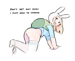  1girl adventure_time animal_ears animal_hood arm_support ass backpack bag bent_over blonde_hair blue_shirt bottomless colored_skin cowboy_shot cropped_legs english_text female_focus fionna_campbell foot_up from_behind hat hood huge_ass leaning_forward looking_back open_mouth panties_around_leg rabbit_ears rabbit_hood shiny_skin shirt simx skindentation solo teasing thick_thighs thighhighs thighs white_background white_skin white_thighhighs wide_hips  rating:Explicit score:152 user:simx