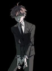  1boy absurdres ahoge black_background black_jacket black_necktie black_pants black_suit blood blood_from_mouth bound bound_wrists brown_hair closed_mouth coattails collared_jacket collared_shirt cowboy_shot cuffs danganronpa_(series) danganronpa_3_(anime) fingernails formal furrowed_brow handcuffs highres jacket layered_sleeves light_frown long_sleeves looking_at_viewer male_focus mimulishizi naegi_makoto necktie pants pocket shirt short_hair simple_background solo suit white_shirt 