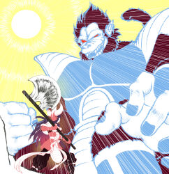  alternate_universe armor axe battle chi-chi_(dragon_ball) clinrollmuribyeoul dragon_ball dragon_ball_(classic) dragonball_z fake_horns fighting_stance helmet highres holding holding_axe holding_weapon horned_helmet horns huge_weapon long_hair monkey_tail oozaru red_eyes saiyan saiyan_armor sharp_teeth simple_background size_difference son_goku sun tail teeth waist_ribbon weapon yellow_background 
