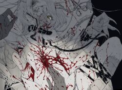  1girl 1other blood bound bound_arms claws collar cuffs flat_chest gauze_over_eye guro looking_at_viewer monster_girl original oxygen_mask red_hod shackles short_hair solo_focus spot_color stitches stitching surgery surgical_scissors yellow_eyes 