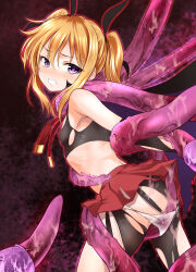  1girl ass bike_shorts black_shorts black_tank_top blonde_hair blush breasts clenched_teeth covered_erect_nipples from_side highres imminent_rape l-trap loli long_hair looking_back microskirt original panties panties_over_bike_shorts panty_pull pink_eyes pulling_another&#039;s_clothes red_skirt restrained ribbon shorts skirt slime_(substance) small_breasts solo tank_top teeth tentacles tentacles_under_clothes torn_bike_shorts torn_clothes torn_shorts twintails underwear wet wet_clothes wet_panties white_panties 