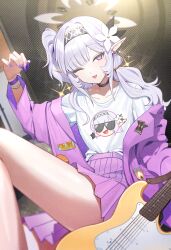  1girl blue_archive casual electric_guitar guitar hairband halo highres himari_(blue_archive) instrument miniskirt nail_polish off_shoulder pointy_ears shirt shirt_tucked_in skirt solo t-shirt thighs white_eyes white_hair winking_(animated) zanya_000 