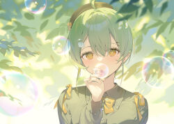  1girl ahoge blowing_bubbles bow bowtie brown_hat bubble_pipe collared_shirt commentary dot_nose green_hair green_shirt green_theme hana_mori hat leaf light_blush long_sleeves looking_at_viewer original shirt short_hair soap_bubbles solo straight-on upper_body yellow_bow yellow_bowtie yellow_eyes 