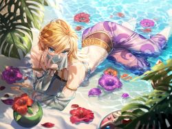 1boy absurdres arm_support armlet bare_shoulders barefoot blonde_hair blue_eyes collarbone commentary_request crossdressing detached_sleeves flower foot_out_of_frame gerudo_set_(zelda) highres jewelry link looking_at_viewer lying male_focus midriff mouth_veil nintendo ninto official_alternate_costume on_stomach partially_submerged pointy_ears red_flower solo the_legend_of_zelda the_legend_of_zelda:_breath_of_the_wild trap veil water wet  rating:Sensitive score:52 user:danbooru