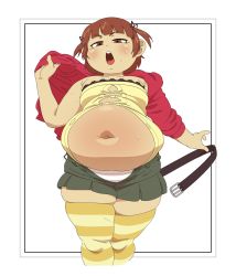  1girl absurdres belly belt breasts brown_eyes brown_hair fat highres marui_mitsuba mister_man mitsudomoe navel open_mouth plump small_breasts solo striped_clothes striped_thighhighs thighhighs  rating:Sensitive score:36 user:usernam