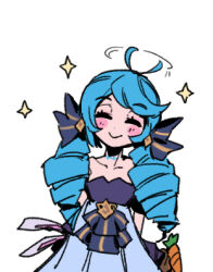 1girl antenna_hair black_bow black_dress blush_stickers bow carrot closed_mouth collarbone commentary dress drill_hair grey_dress gwen_(league_of_legends) league_of_legends long_hair lowres neck_tattoo phantom_ix_row simple_background smile solo sparkle strapless strapless_dress symbol-only_commentary tattoo twin_drills twintails white_background rating:General score:3 user:danbooru