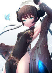  1girl absurdres animal_print arm_up armpits artist_name black_dress black_gloves black_hair blue_archive blue_butterfly blue_eyes breasts bug butterfly butterfly_hair_ornament butterfly_print butterfly_wings buttons china_dress chinese_clothes coat covered_navel double_bun dragon_wings dress flying gloves gradient_background grey_background grey_coat gun hair_bun hair_ornament halo highres holding holding_gun holding_weapon impossible_clothes insect kisaki_(blue_archive) long_hair long_sleeves looking_at_viewer mandarin_collar open_clothes open_coat open_mouth pemojoke pocket sidelocks simple_background small_breasts solo standing striped striped_coat twintails weapon white_background wings 