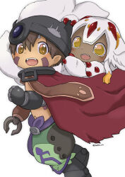  1boy 1girl amputee auchu_jin bodypaint brown_hair cape chibi child claws dark-skinned_female dark_skin extra_arms fake_horns faputa furry green_shorts hair_between_eyes helmet highres horned_headwear horned_helmet horns light_blush looking_at_viewer made_in_abyss mechanical_arms mechanical_hands mechanical_legs multicolored_clothes multicolored_shorts multiple_tails navel open_mouth orange_eyes pointy_ears prosthesis prosthetic_arm purple_shorts red_cape red_claws regu_(made_in_abyss) robot sharp_teeth shorts smile tail teeth topless_male upper_teeth_only white_background white_fur white_hair yellow_eyes 