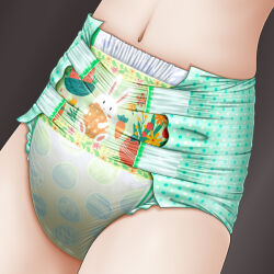  1girl animal_print crotch_focus diaper dutch_angle egg_print facing_viewer female_focus god_hand_mar grey_background navel original pee pee_stain peeing peeing_self print_diaper rabbit_print simple_background skindentation stain stained_clothes stained_underwear torso_only wet_diaper 