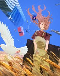  1girl absurdres bird black_eyes blue_sky brown_hair building car closed_mouth digital_media_player dove earbuds earphones eyelashes green_overalls hair_over_one_eye hands_in_pockets head_tilt heart_(organ) highres long_hair looking_at_viewer motor_vehicle original outdoors paint_tube paintbrush red_shirt shirt sky skyscraper solo sticker utility_pole wheat wheat_field wind yamamori 