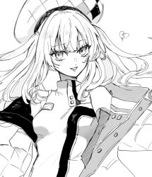  1girl blush breasts broken_heart commentary fate/grand_order fate_(series) greyscale hat heart jacket looking_at_viewer marie_antoinette_(alter)_(fate) marie_antoinette_(alter)_(first_ascension)_(fate) marie_antoinette_(fate) medium_hair mo_(aabx315) monochrome off_shoulder open_clothes open_jacket open_mouth shirt sleeveless sleeveless_shirt solo symbol-only_commentary twintails upper_body 