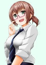  10s 1girl absurdres alternate_hairstyle aqua_background bang_dream! between_breasts blush breasts brown_hair finger_to_cheek glasses green_eyes highres large_breasts looking_at_viewer looking_over_eyewear necktie necktie_between_breasts oden70_(omekoken) open_mouth ponytail short_hair short_ponytail simple_background smile solo standing tomboy upper_body yamato_maya 