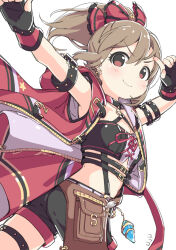 1girl belt_buckle belt_pouch black_gloves black_shorts black_tank_top blush breasts brown_hair buckle cleavage closed_mouth cowboy_shot doyagao fingerless_gloves gloves hair_between_eyes hair_ribbon high_ponytail hori_yuko idolmaster idolmaster_cinderella_girls jacket kuresuku_(lessons) light_smile official_alternate_costume open_clothes open_jacket pouch red_eyes red_jacket red_ribbon ribbon shorts sidelocks simple_background small_breasts smug solo tank_top v-shaped_eyebrows white_background 
