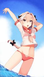 1girl arms_up astolfo_(fate) astolfo_(sailor_paladin)_(fate) bikini black_bow bow braid breasts crop_top day dutch_angle fang fate/apocrypha fate/grand_order fate_(series) genderswap genderswap_(mtf) gluteal_fold hair_bow hair_intakes highres long_hair multicolored_hair navel official_alternate_costume open_mouth outdoors pink_bikini pink_hair purple_eyes red_sailor_collar sailor_collar school_uniform see-through serafuku single_braid small_breasts solo sonzai_soumei streaked_hair swimsuit very_long_hair wading water wet wet_clothes rating:Sensitive score:55 user:danbooru