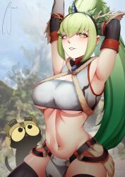  1girl alternate_costume alternate_hairstyle armpits arms_up blush breasts cat ceres_fauna cosplay fur_trim goggles goggles_on_headwear green_hair hair_branch holocouncil hololive hololive_english horns jamwes kirin_(armor) large_breasts long_hair midriff mole mole_under_eye monster_hunter_(series) navel open_mouth outdoors pelvic_curtain pilot_helmet ponytail signature smile snail_(ceres_fauna) solo stomach thighhighs underboob virtual_youtuber yellow_eyes 